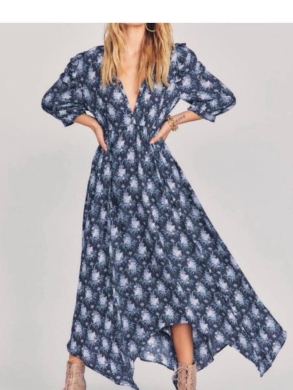 LoveShackFancy‎ Handkerchief Hem Maxi Dress Milton Navy Floral Print Size Small
